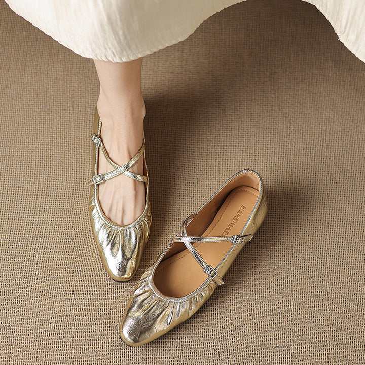 Women's Handmade Soft Lambskin Ballet Flats with Pleated Toe - Elegant Cross-Strap Mary Janes