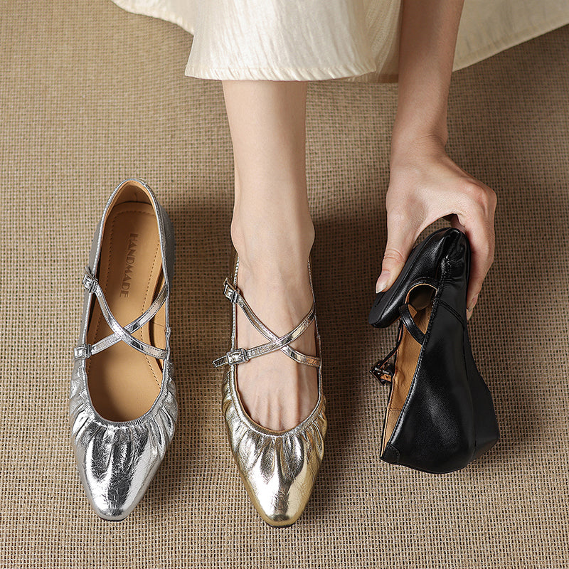 Women's Handmade Soft Lambskin Ballet Flats with Pleated Toe - Elegant Cross-Strap Mary Janes