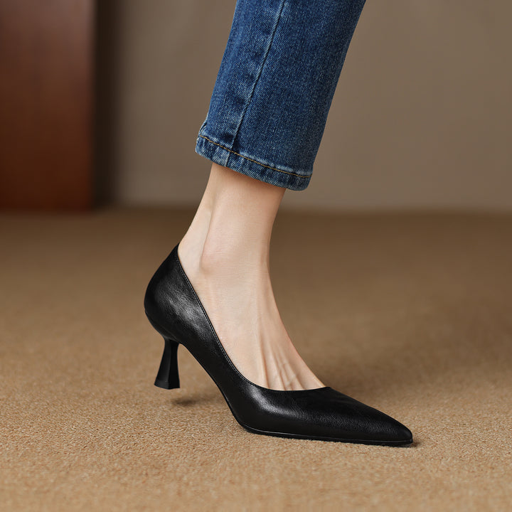 Womens Handmade Sheepskin Pointed Toe Kitten Heel Pumps