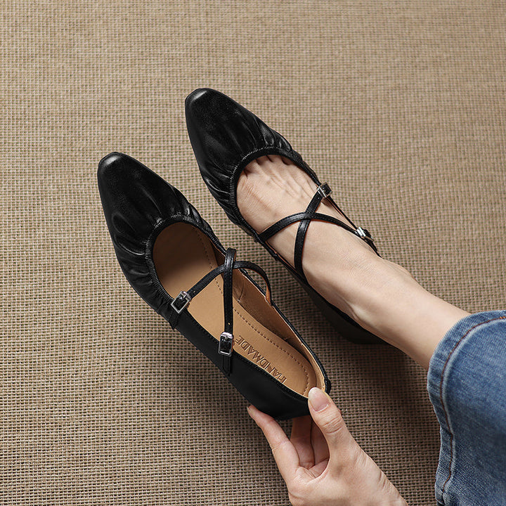 Women's Handmade Soft Lambskin Ballet Flats with Pleated Toe - Elegant Cross-Strap Mary Janes