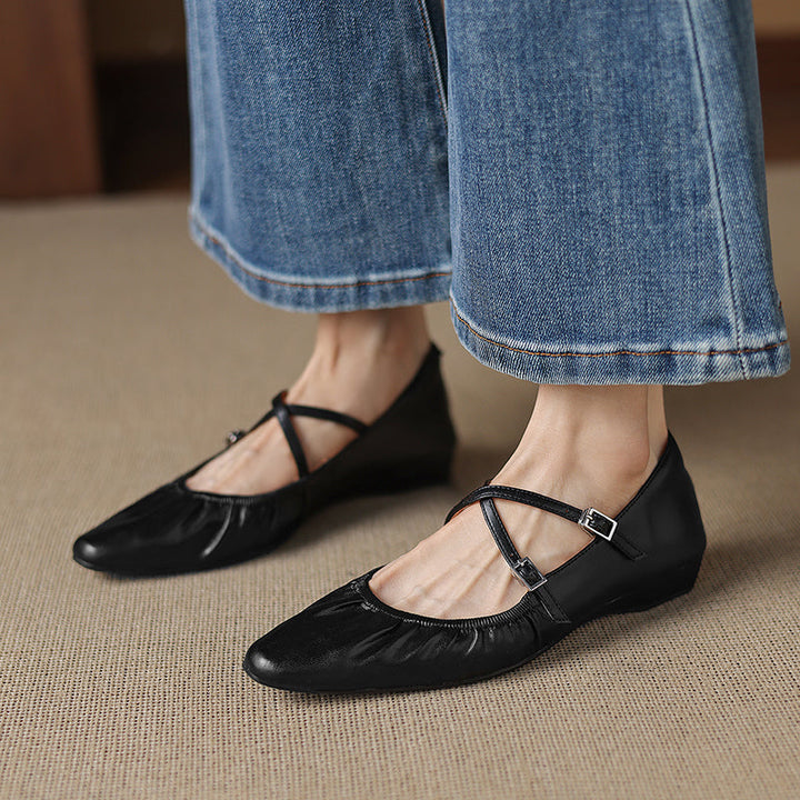 Women's Handmade Soft Lambskin Ballet Flats with Pleated Toe - Elegant Cross-Strap Mary Janes