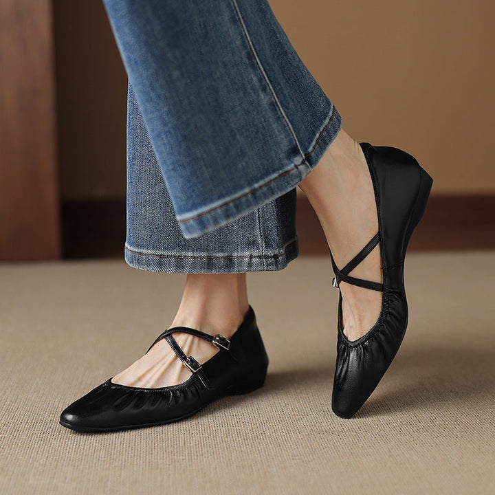 Women's Handmade Soft Lambskin Ballet Flats with Pleated Toe - Elegant Cross-Strap Mary Janes