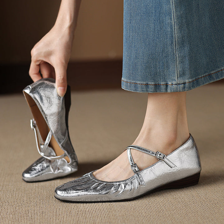 Women's Handmade Soft Lambskin Ballet Flats with Pleated Toe - Elegant Cross-Strap Mary Janes