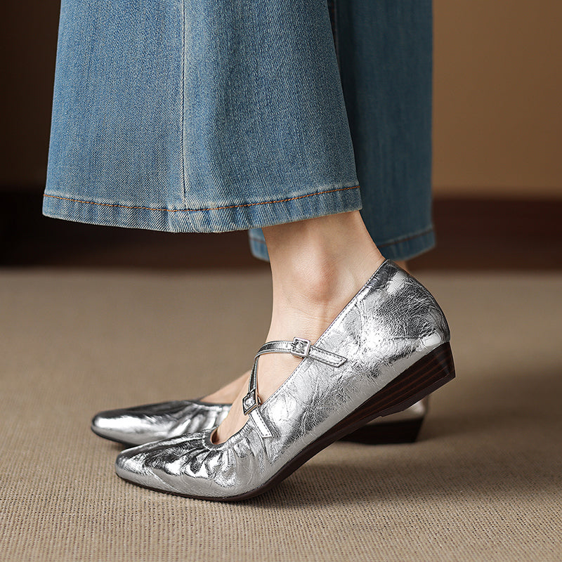 Women's Handmade Soft Lambskin Ballet Flats with Pleated Toe - Elegant Cross-Strap Mary Janes