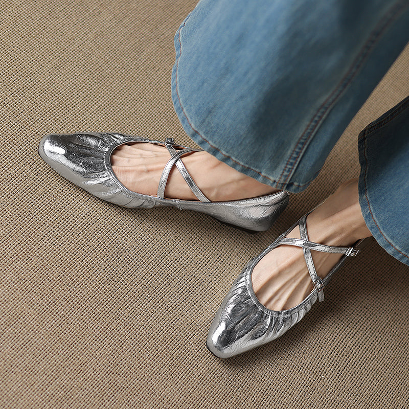 Women's Handmade Soft Lambskin Ballet Flats with Pleated Toe - Elegant Cross-Strap Mary Janes