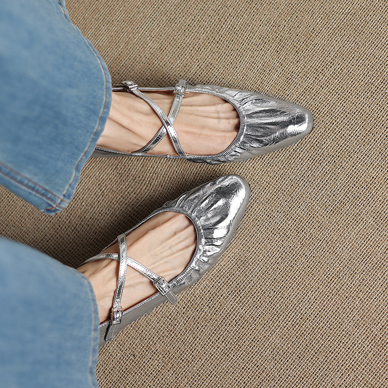 Women's Handmade Soft Lambskin Ballet Flats with Pleated Toe - Elegant Cross-Strap Mary Janes