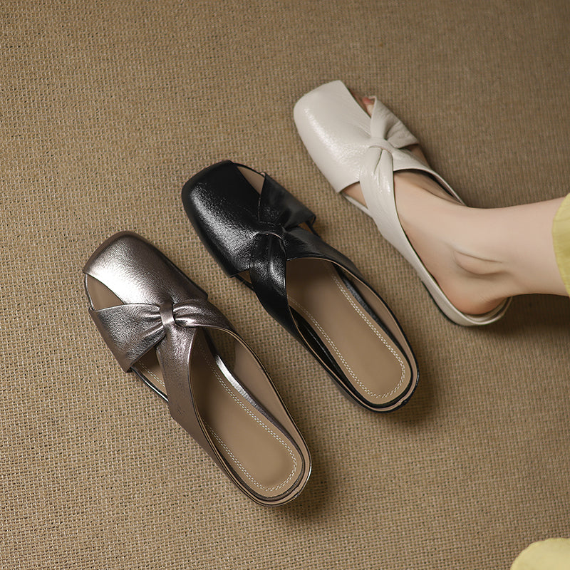 Women's Luxury All-Sheepskin Twist Mules Summer Slides - Elegant Square Toe