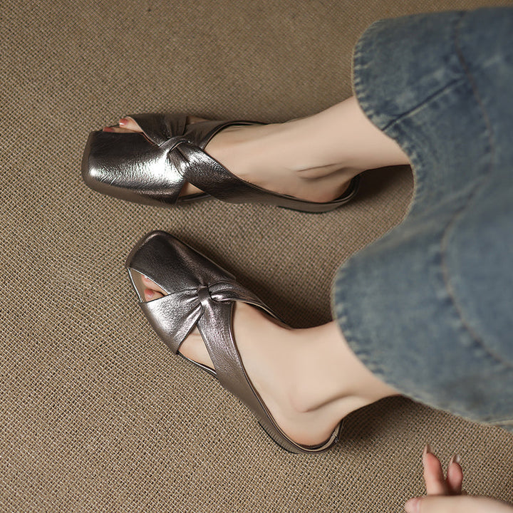 Women's Luxury All-Sheepskin Twist Mules Summer Slides - Elegant Square Toe