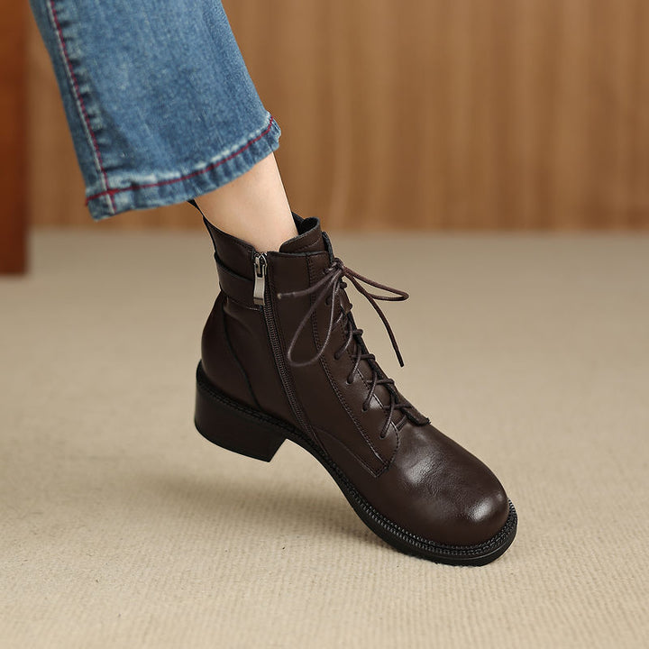 Women's Retro Cowhide Ankle Boots Round Toe Lace-up Buckle Strap Chunky High Heel Combat Booties