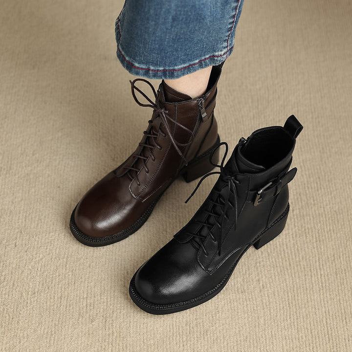 Women's Retro Cowhide Ankle Boots Round Toe Lace-up Buckle Strap Chunky High Heel Combat Booties