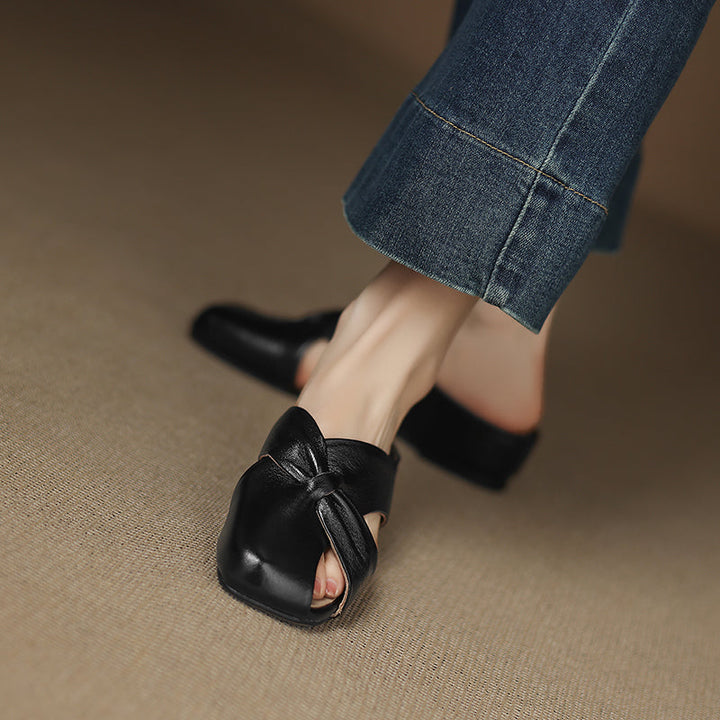 Women's Luxury All-Sheepskin Twist Mules Summer Slides - Elegant Square Toe