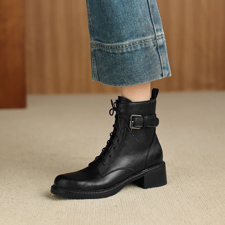 Women's Retro Cowhide Ankle Boots Round Toe Lace-up Buckle Strap Chunky High Heel Combat Booties