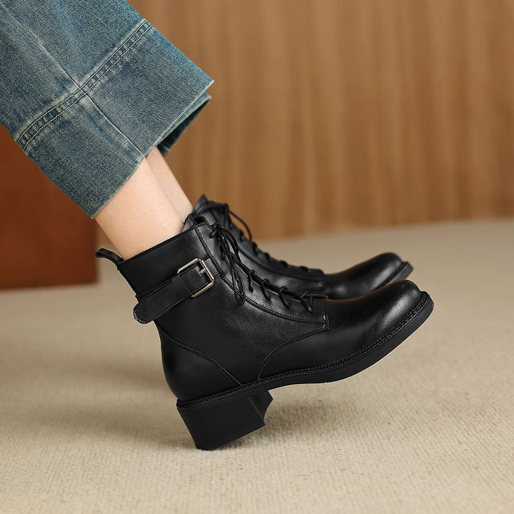 Women's Retro Cowhide Ankle Boots Round Toe Lace-up Buckle Strap Chunky High Heel Combat Booties