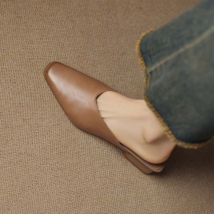 Women's Handmade Leather V-cut Flat Comfort Mule Shoes