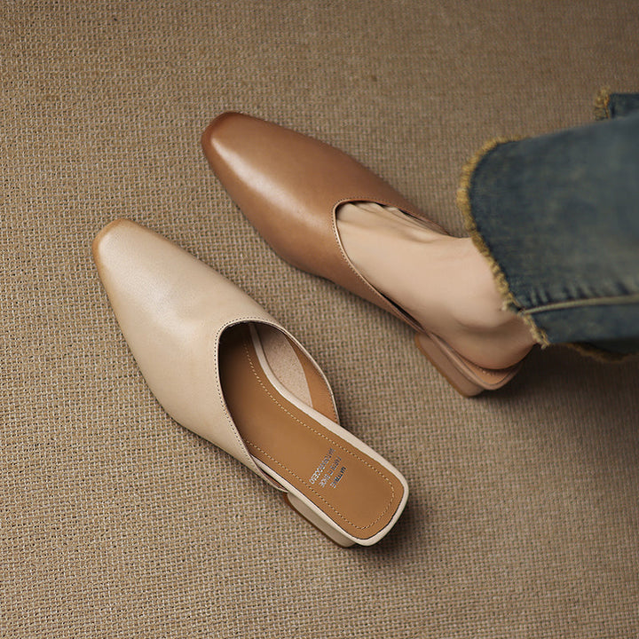 Women's Handmade Leather V-cut Flat Comfort Mule Shoes