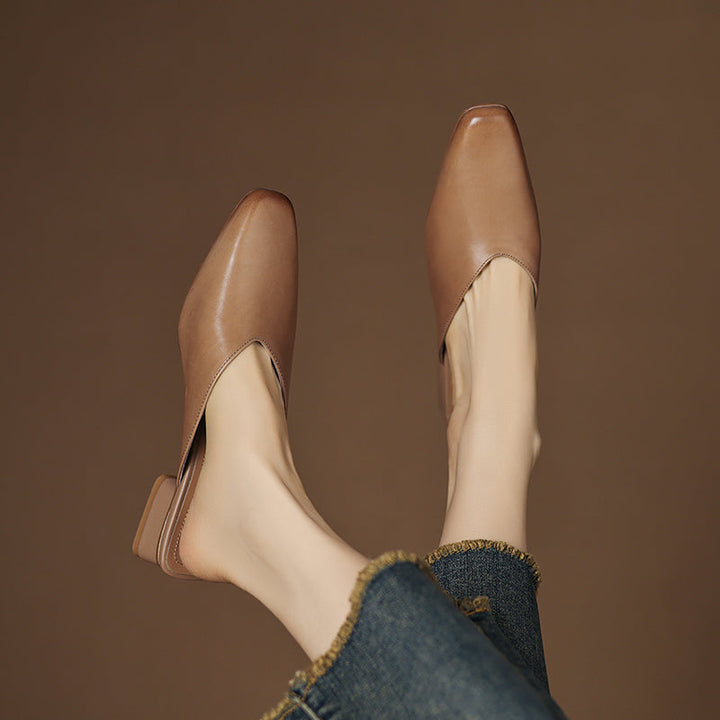 Women's Handmade Leather V-cut Flat Comfort Mule Shoes