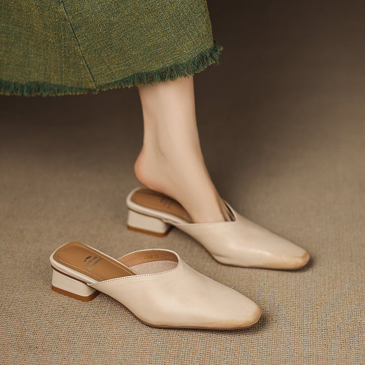 Women's Handmade Leather V-cut Flat Comfort Mule Shoes