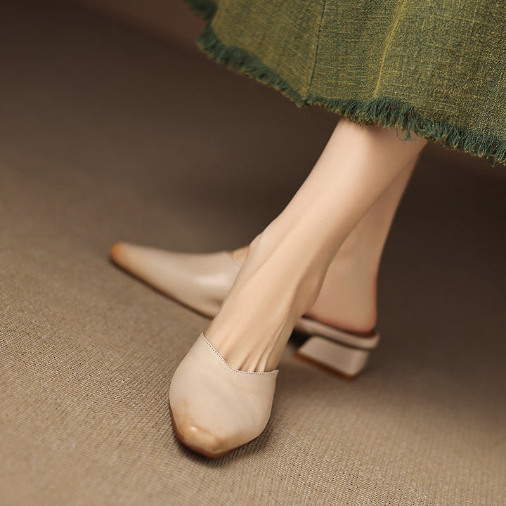 Women's Handmade Leather V-cut Flat Comfort Mule Shoes