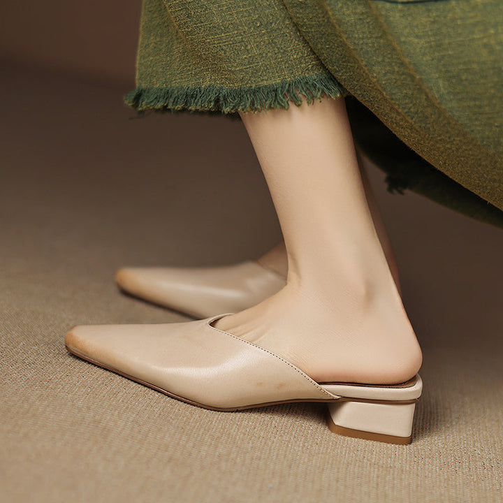 Women's Handmade Leather V-cut Flat Comfort Mule Shoes