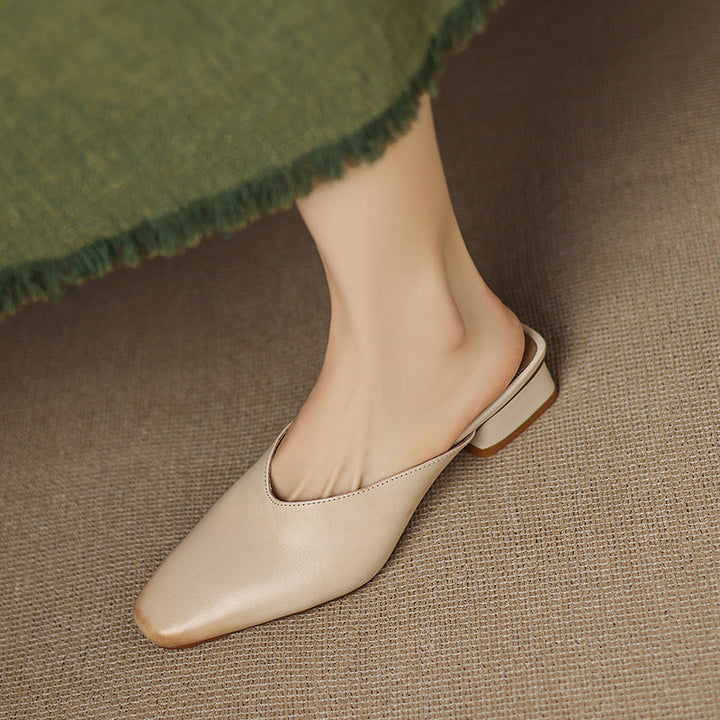 Women's Handmade Leather V-cut Flat Comfort Mule Shoes