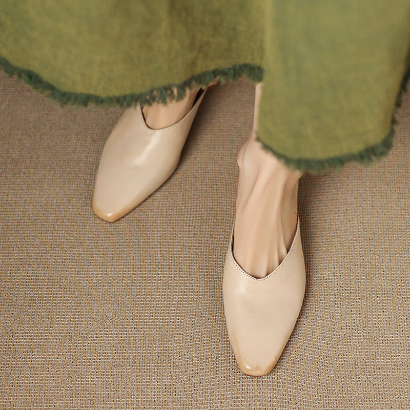 Women's Handmade Leather V-cut Flat Comfort Mule Shoes