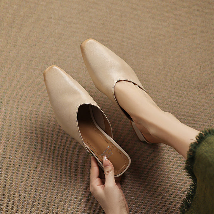 Women's Handmade Leather V-cut Flat Comfort Mule Shoes