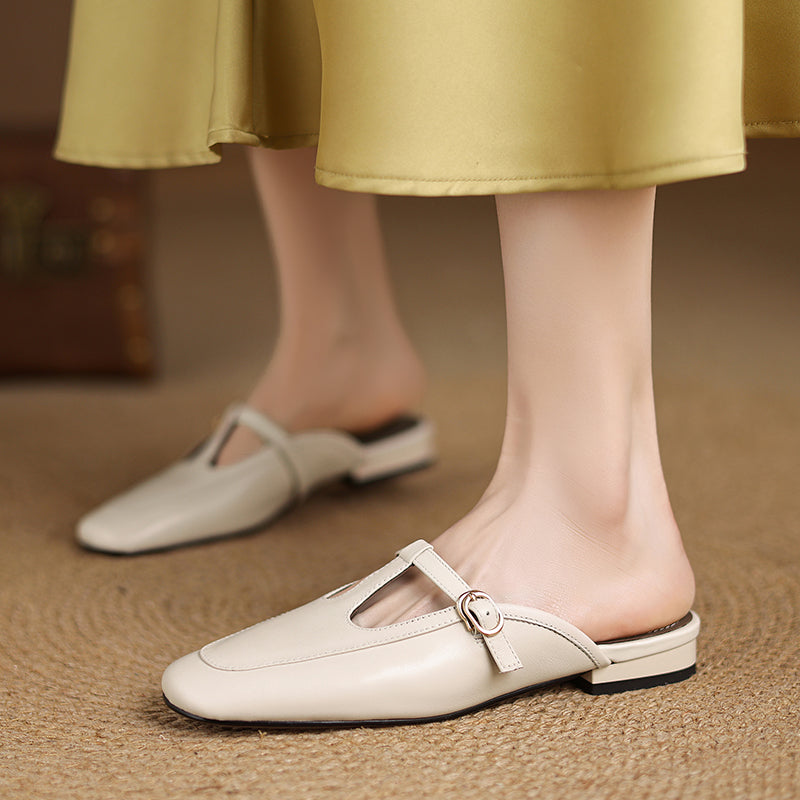 Women's Ultra-Soft Sheepskin-Lined Leather Mules - Breathable T-Strap Backless Flats - Handcrafted Summer Slip-Ons