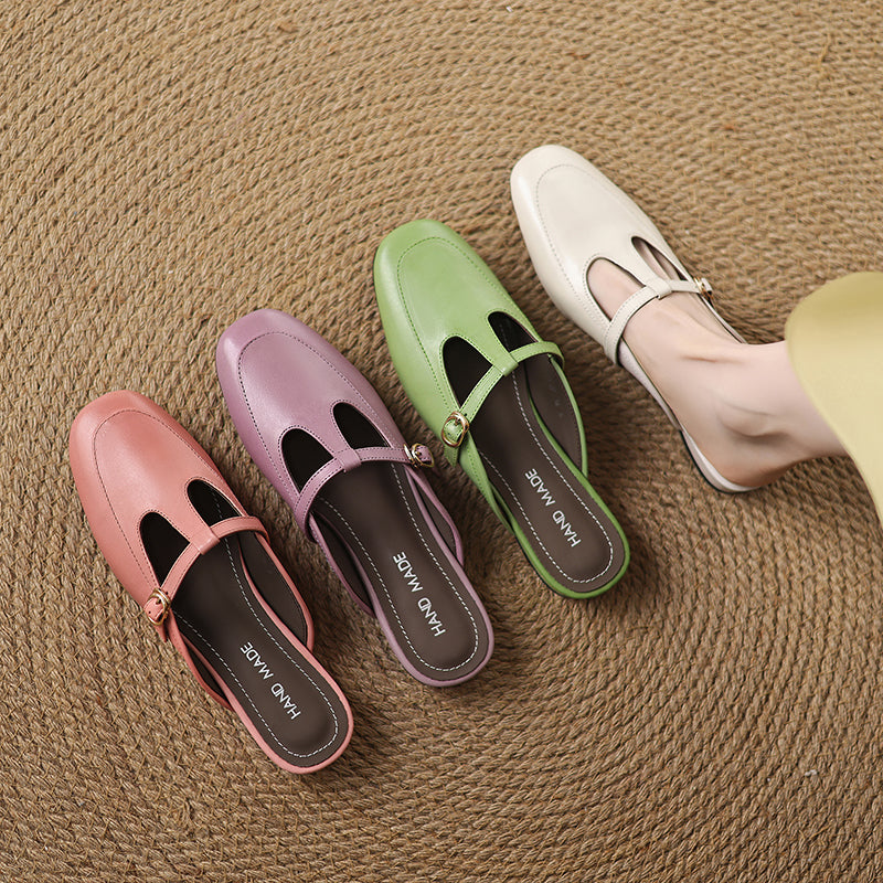 Women's Ultra-Soft Sheepskin-Lined Leather Mules - Breathable T-Strap Backless Flats - Handcrafted Summer Slip-Ons