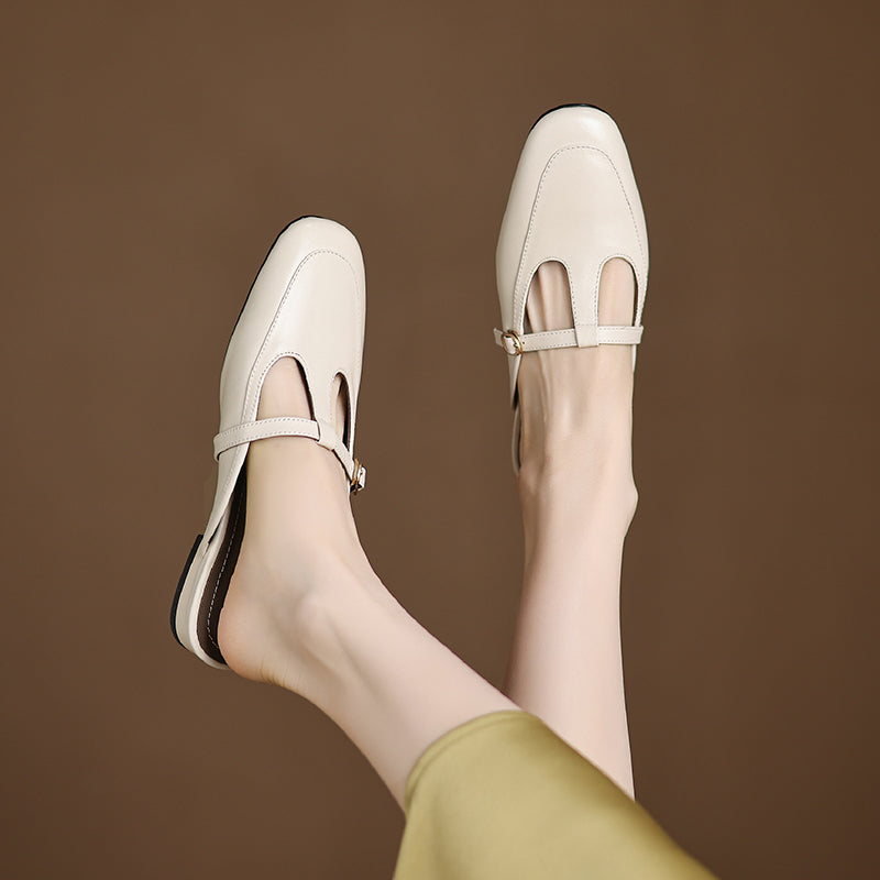 Women's Ultra-Soft Sheepskin-Lined Leather Mules - Breathable T-Strap Backless Flats - Handcrafted Summer Slip-Ons