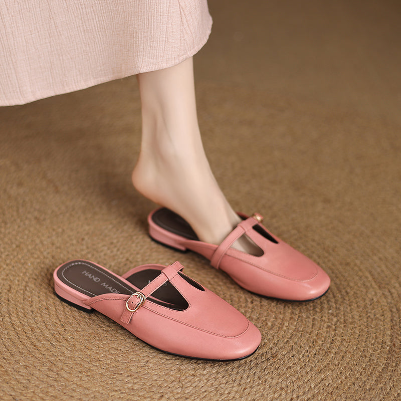 Women's Ultra-Soft Sheepskin-Lined Leather Mules - Breathable T-Strap Backless Flats - Handcrafted Summer Slip-Ons