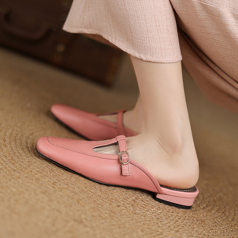 Women's Ultra-Soft Sheepskin-Lined Leather Mules - Breathable T-Strap Backless Flats - Handcrafted Summer Slip-Ons