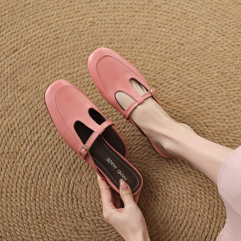 Women's Ultra-Soft Sheepskin-Lined Leather Mules - Breathable T-Strap Backless Flats - Handcrafted Summer Slip-Ons