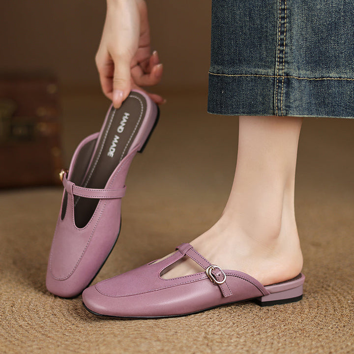 Women's Ultra-Soft Sheepskin-Lined Leather Mules - Breathable T-Strap Backless Flats - Handcrafted Summer Slip-Ons