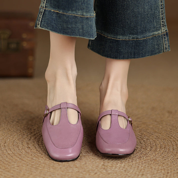 Women's Ultra-Soft Sheepskin-Lined Leather Mules - Breathable T-Strap Backless Flats - Handcrafted Summer Slip-Ons