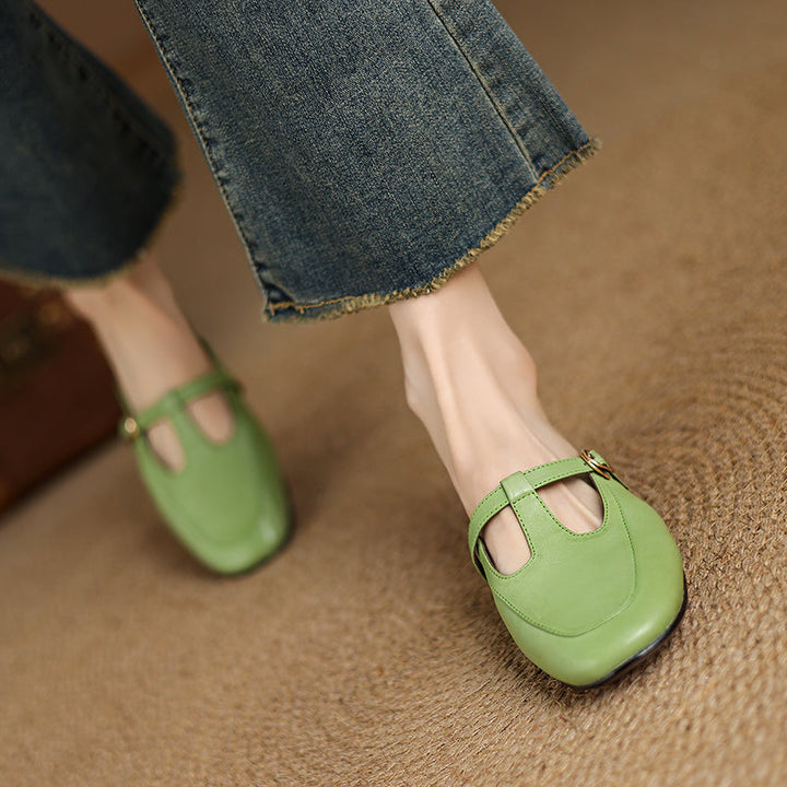 Women's Ultra-Soft Sheepskin-Lined Leather Mules - Breathable T-Strap Backless Flats - Handcrafted Summer Slip-Ons