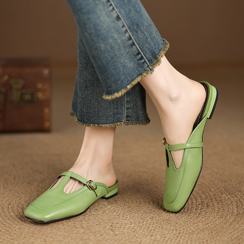Women's Ultra-Soft Sheepskin-Lined Leather Mules - Breathable T-Strap Backless Flats - Handcrafted Summer Slip-Ons