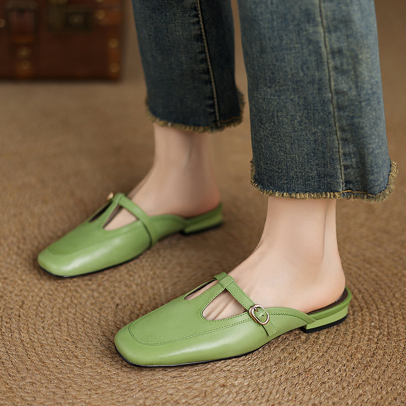 Women's Ultra-Soft Sheepskin-Lined Leather Mules - Breathable T-Strap Backless Flats - Handcrafted Summer Slip-Ons