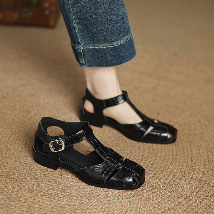 Vintage French-Style Leather Fisherman Sandals - Artisanal Round Toe Buckle Shoes