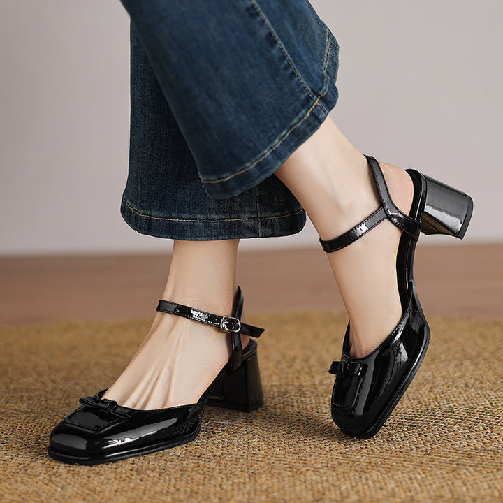 Women's Bow-Knot Patent Leather Pumps French Retro Square Toe Block Heel