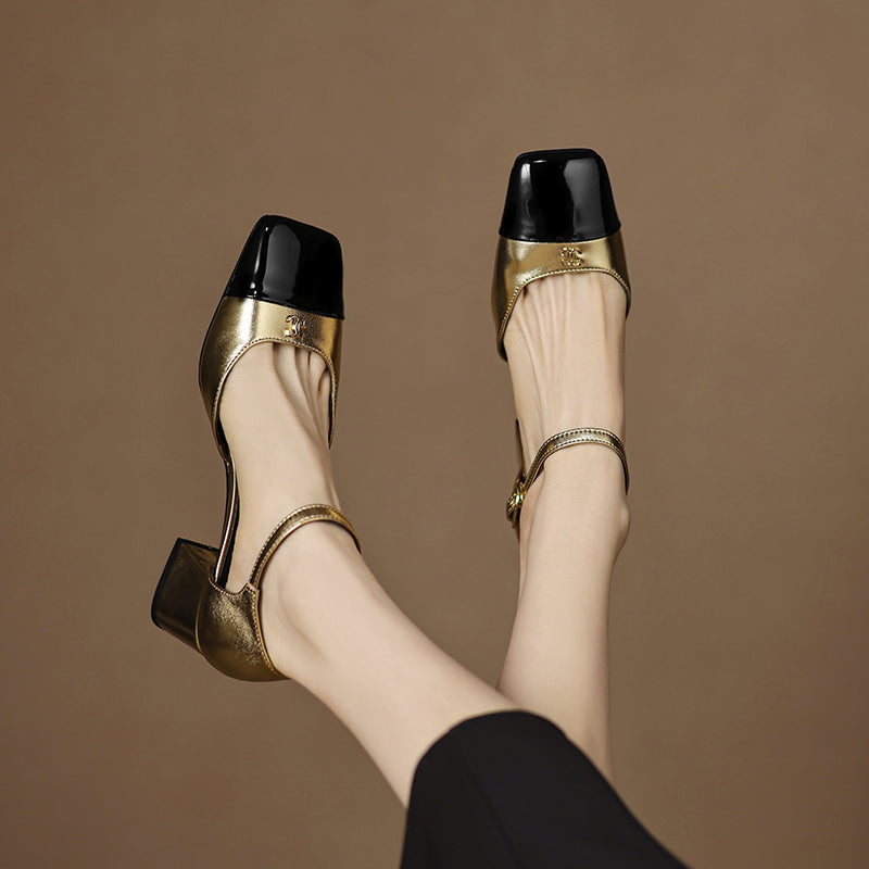 Premium Lambskin Summer Heels for Women - Luxurious Two-tone Square Toe Pumps with Buckle Strap