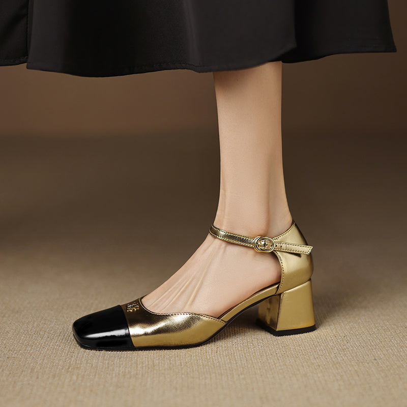Premium Lambskin Summer Heels for Women - Luxurious Two-tone Square Toe Pumps with Buckle Strap