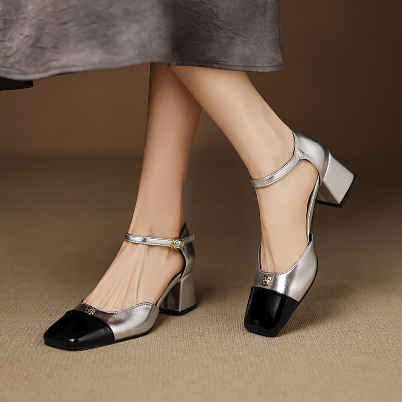 Premium Lambskin Summer Heels for Women - Luxurious Two-tone Square Toe Pumps with Buckle Strap