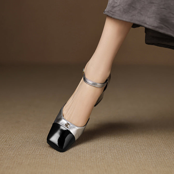 Premium Lambskin Summer Heels for Women - Luxurious Two-tone Square Toe Pumps with Buckle Strap