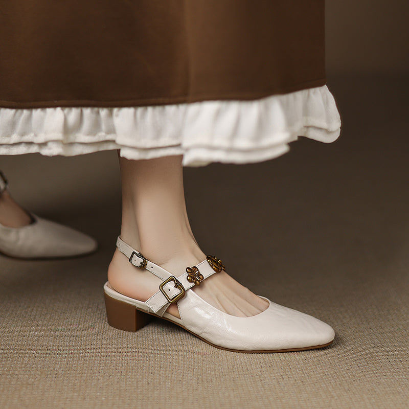 Women's Handmade Leather Vintage Flower Buckle Embellished Closed Toe Sandals