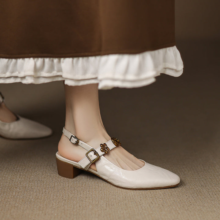 Women's Handmade Leather Vintage Flower Buckle Embellished Closed Toe Sandals