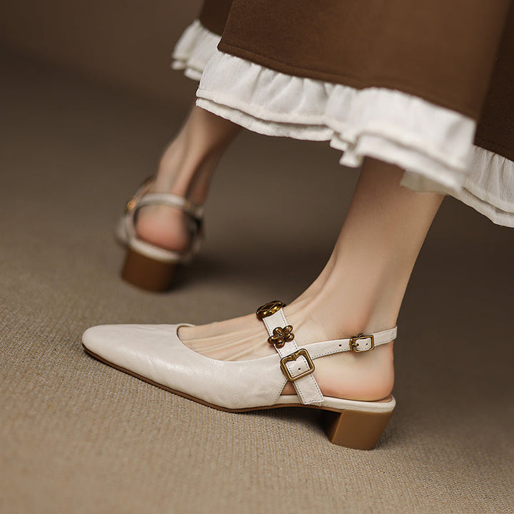 Women's Handmade Leather Vintage Flower Buckle Embellished Closed Toe Sandals