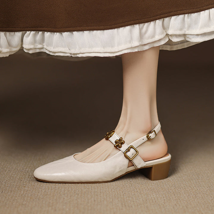 Women's Handmade Leather Vintage Flower Buckle Embellished Closed Toe Sandals