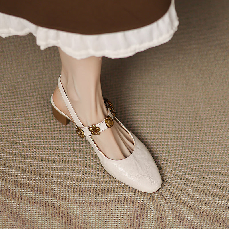 Women's Handmade Leather Vintage Flower Buckle Embellished Closed Toe Sandals