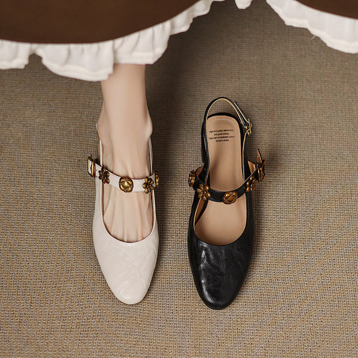 Women's Handmade Leather Vintage Flower Buckle Embellished Closed Toe Sandals