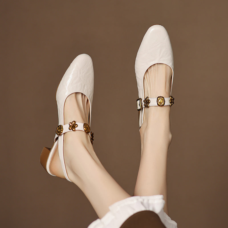 Women's Handmade Leather Vintage Flower Buckle Embellished Closed Toe Sandals